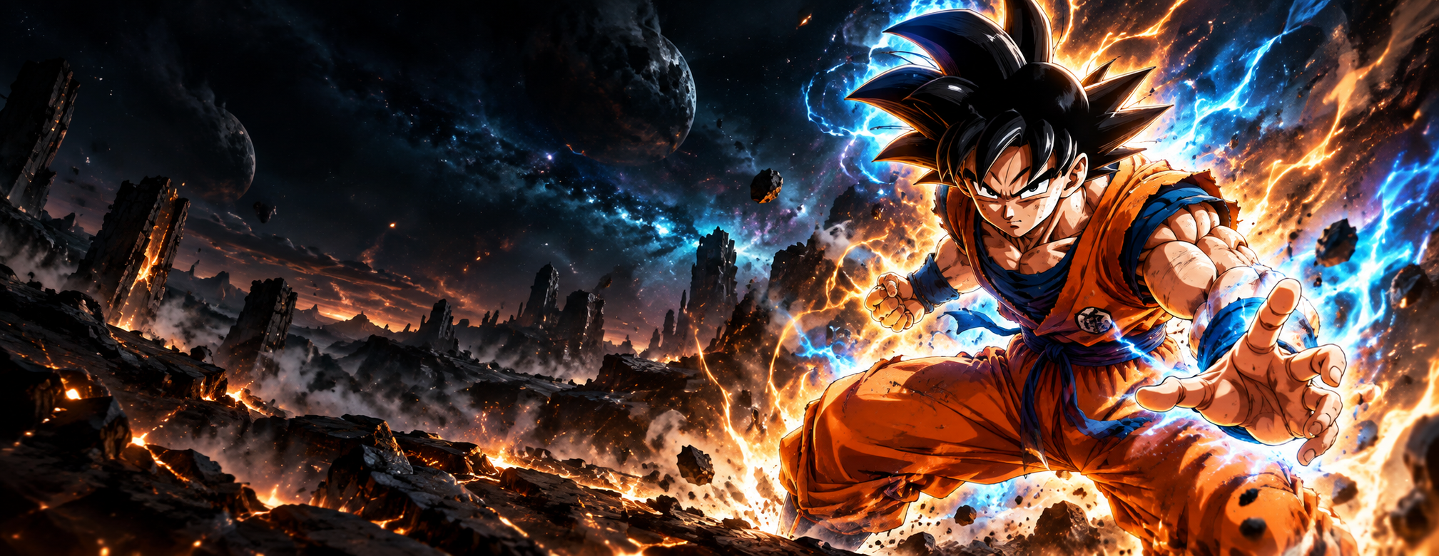 Goku rodeado de energía naranja y azul en un campo de batalla